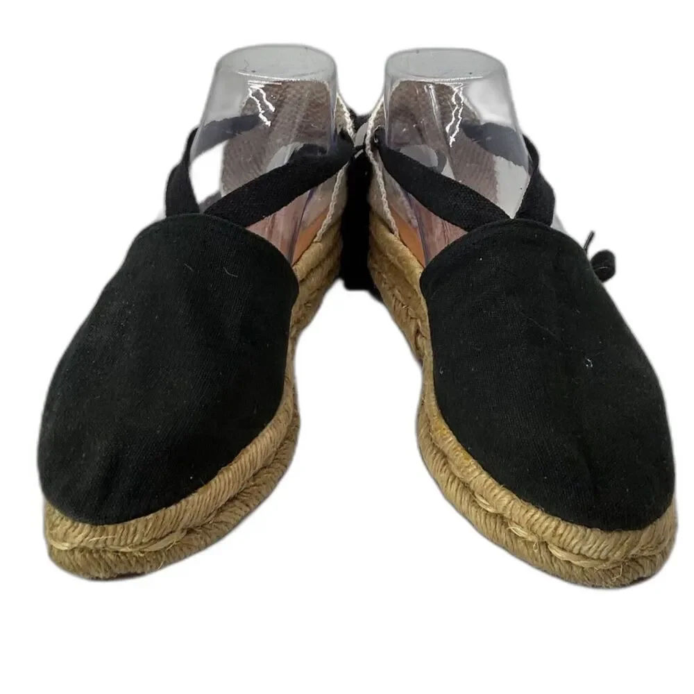 Unisa Women's Black Canvas Tan Jute Ribbon Ankle-Wrap Espadrille Sandals Size 6.